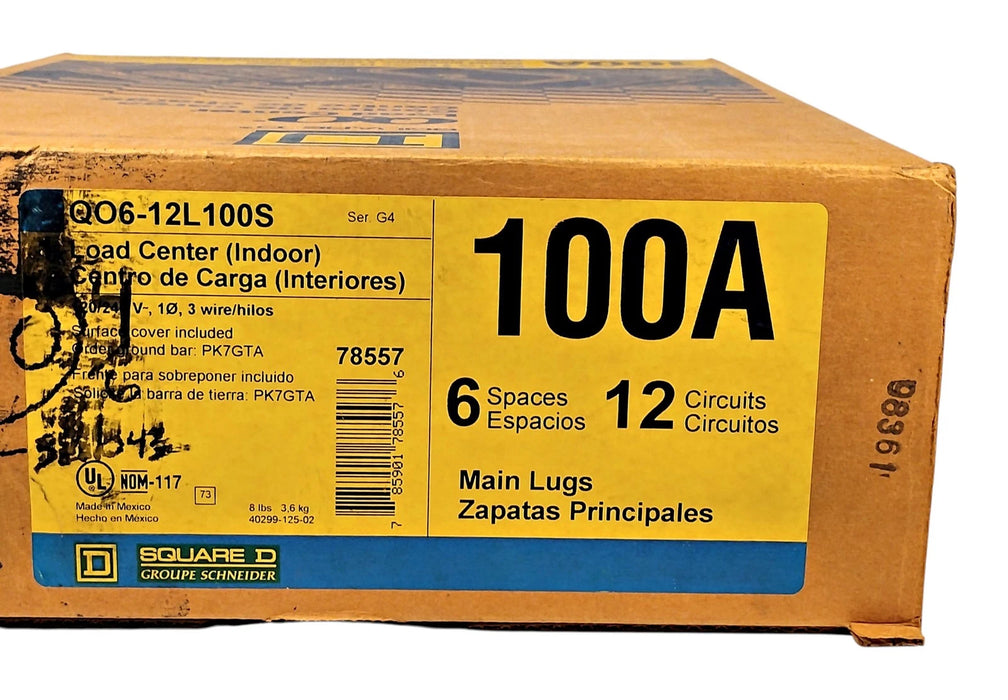Square D QO6-12L100S 120/240 V AC 100 A Main Lug Load Center w/ 6 Spaces