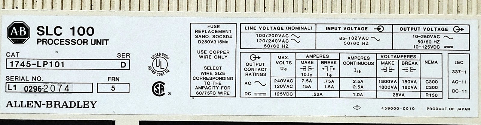 Allen-Bradley 1745-LP101 85-132 V AC PLC Processor Unit