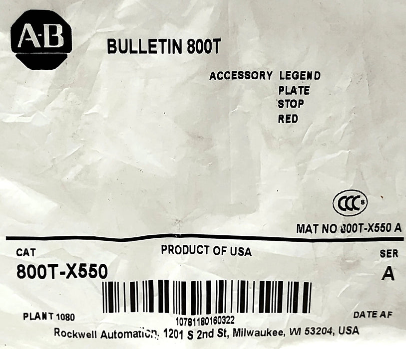 Allen-Bradley 800T-X550 STOP Red Aluminum Legend Plate for 30 mm Switches