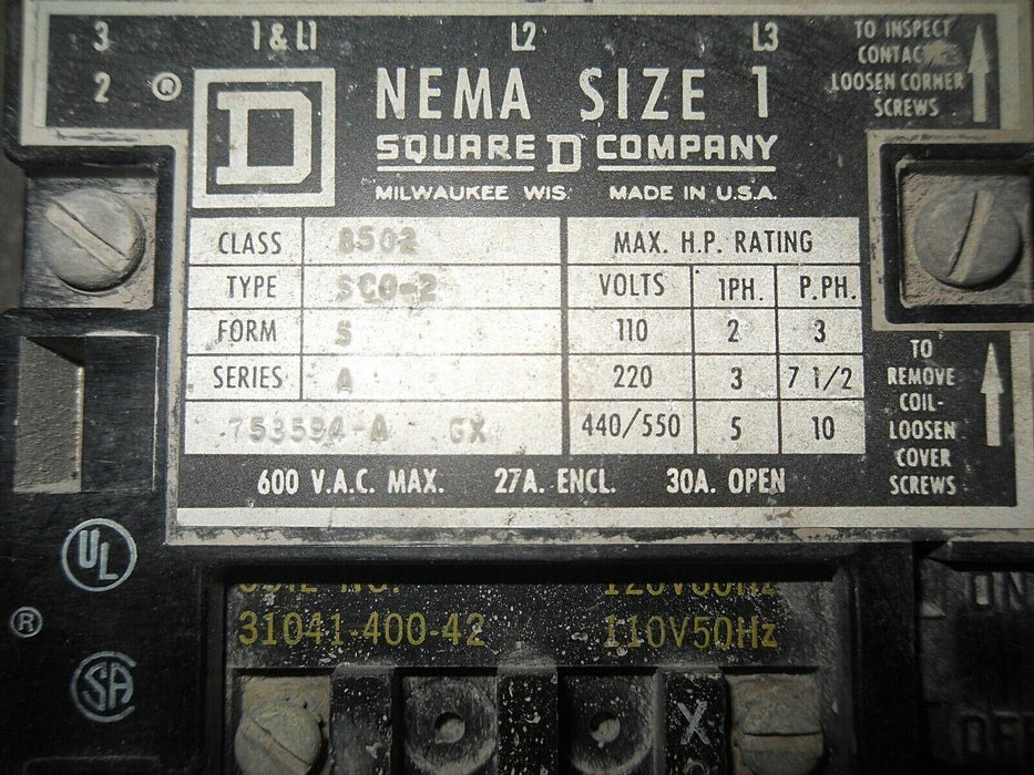 1 Square D 8502-SCO-2-S 600VAC CONTACTOR