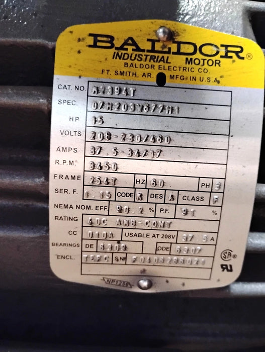 Baldor M2394T 208-230/460 V 15 HP 3450 RPM 254T TEFC Motor