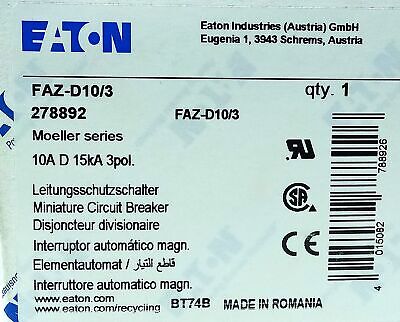 Eaton FAZ-D10/3 277 V AC/125 V DC 10 A 3 Pole Miniature Supplementary Protector