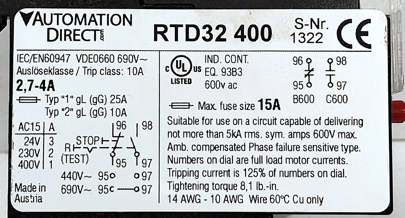 AutomationDirect RTD32-400 2.7-4.0 A Adjustable Overload Protection Relay