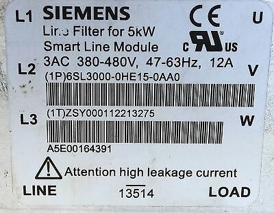 Siemens 6SL3000-0HE15-0AA0 380-480 V 47-63 Hz 12 A Line Filter for 5kW
