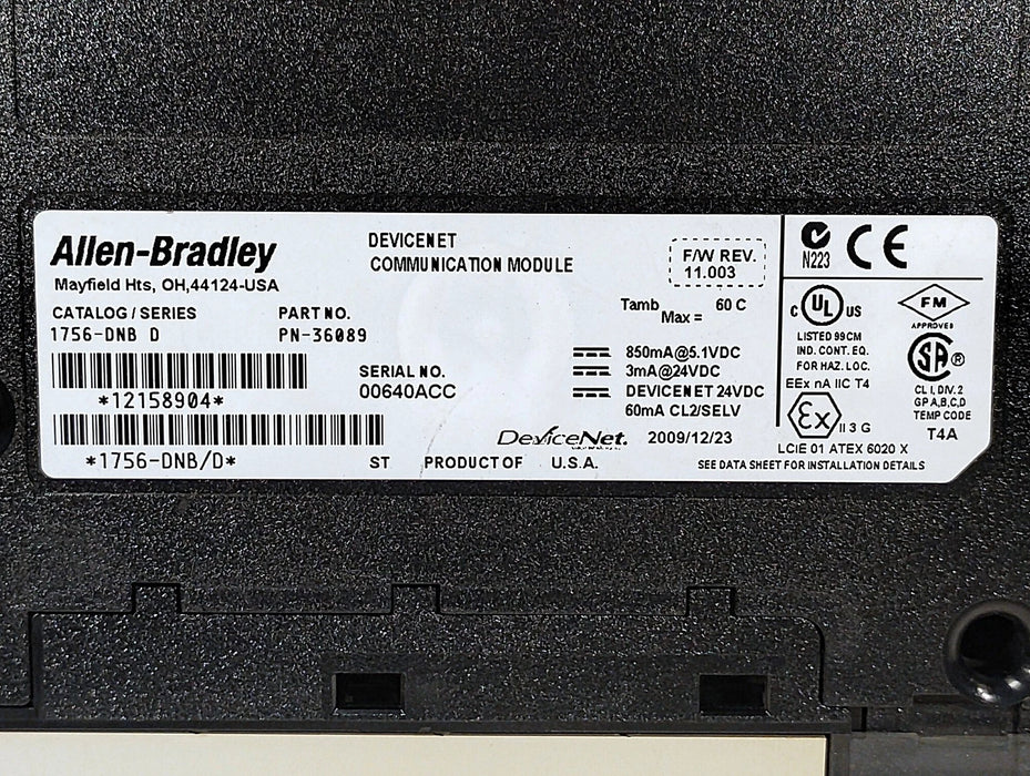 Allen-Bradley 1756-DNB Ser D F/W Rev 11.003 24 VDC Digital PLC Module No Cat Rev