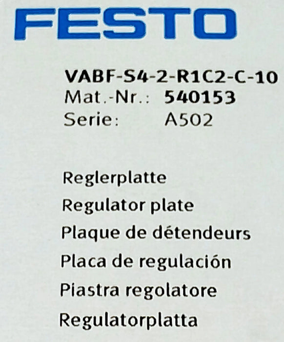 Festo VABF-S4-2-R1C2-C-10 540153 10 bar Pneumatic Regulator Plate