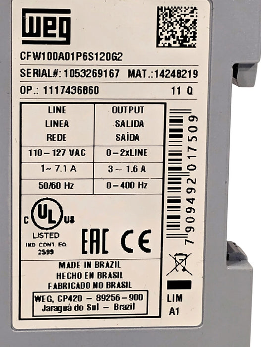 WEG CFW100A01P6S120G2 AC Micro Drive w/ 120VAC 1PH input and 230VAC 3PH Output