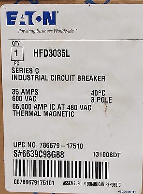 Eaton HFD3035L Series C 600 VAC 35 A Thermal Magnetic Industrial Circuit Breaker