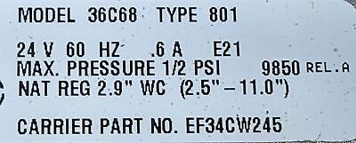 Factory Authorized Parts 36C68-801 3/4 NPT 24 V Natural Gas Valve for Carrier