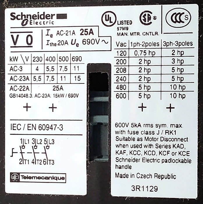 Schneider Electric V0 055168 690 V 25 A 3 Pole Switch Body for Disconnect Switch