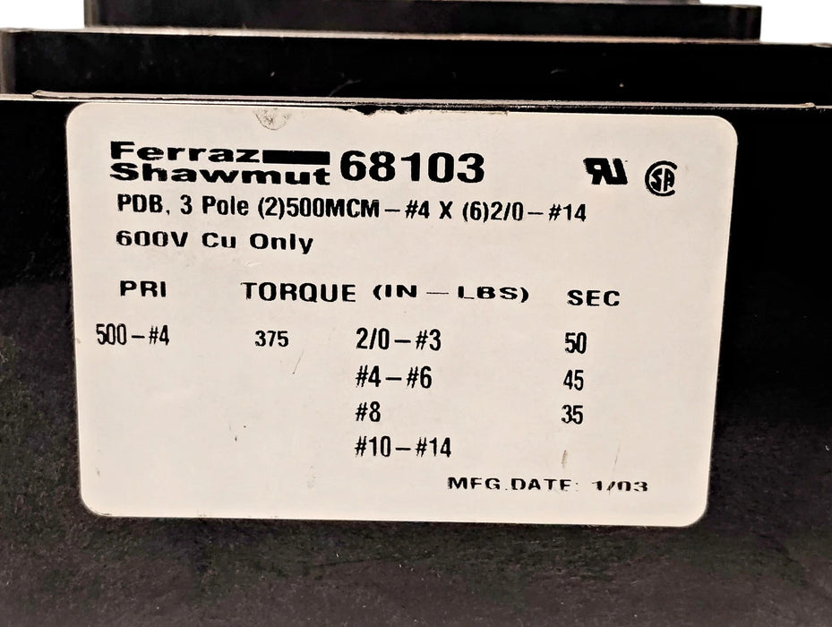 Ferraz Shawmut 68103 600 V Power Distribution Block