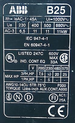 ABB B25-30-10 25 A 3 Pole Contactor w/ 24 V AC/DC Coil