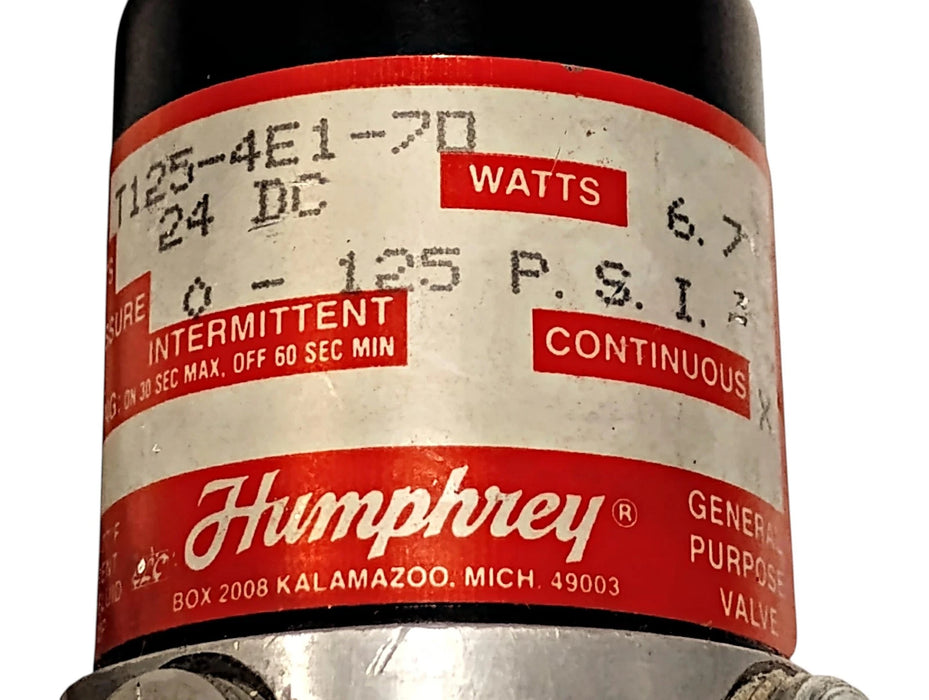 Humphrey T125-4E1-70 24 V DC 6.7 W 0-125 psi Solenoid Valve