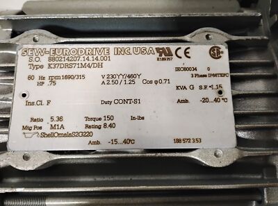 SEW Eurodrive K37DRS71M4/DH 230/460 V 1690 RPM .75 HP 5.36 Ratio Gear Motor