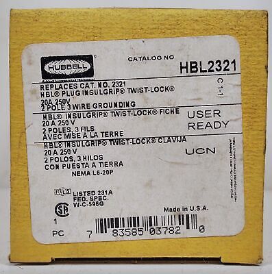 Hubbell HBL2321 2 Pole 3 Wire 20 A 250 V Male Locking Plug