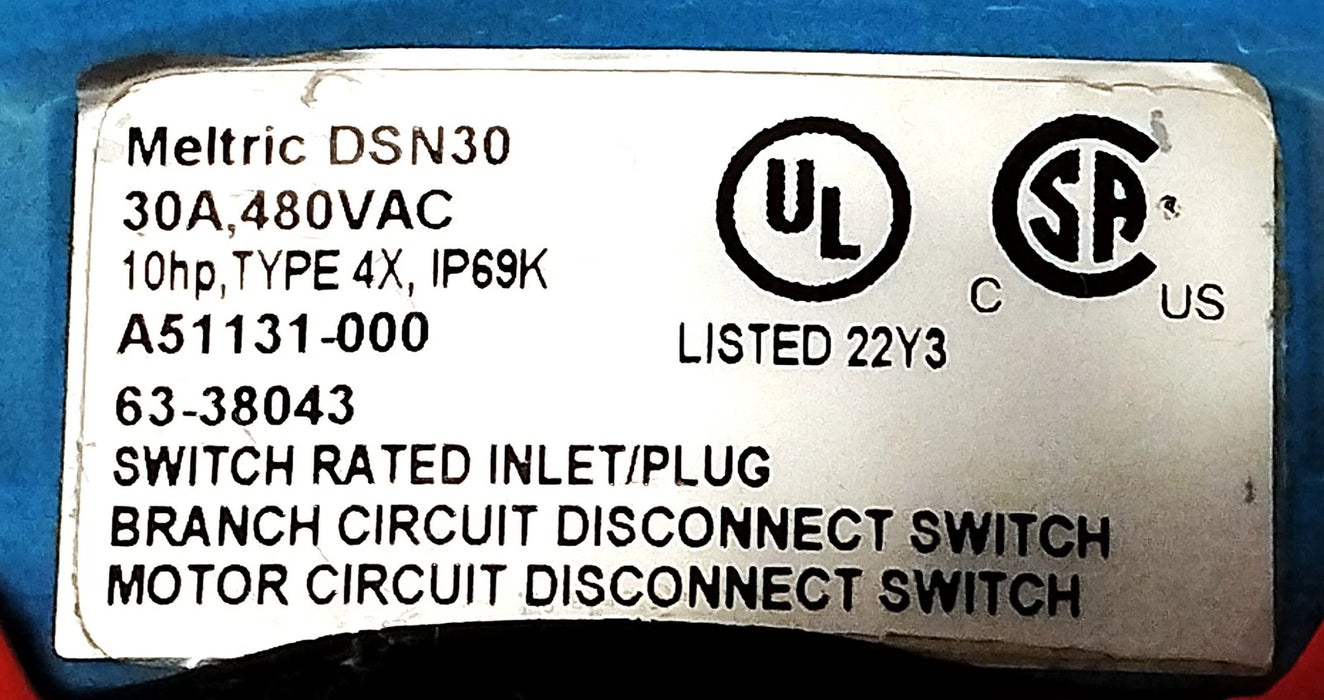 Meltric 63-38043 DSN30 480 V AC 30 A 3 Phase 4 Wire 3 Pole Grounded Male Inlet