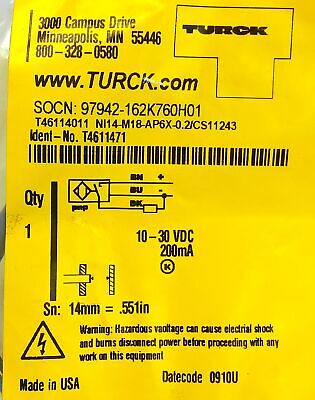 Turck NI14-M18-AP6X-0.2/CS11243 10-30 V DC Inductive Proximity Sensor