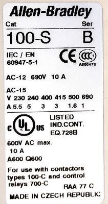 Allen-Bradley 100-SA11 2 Pole Side Mount Auxiliary Contact for 100-C Contactor