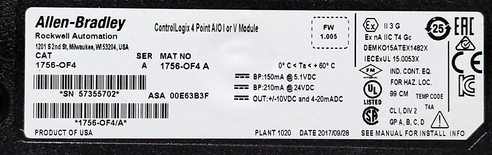Allen-Bradley 1756-OF4 Ser A 10 V DC Analog PLC Output Module