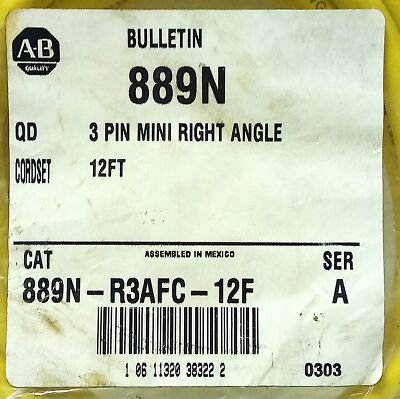Allen-Bradley 889N-R3AFC-12F PLC Cable w/ One 3 Pin Mini Right Angle Connector