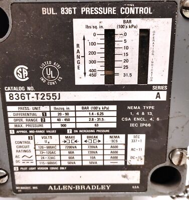 Allen-Bradley 836T-T255J 40-450 psi Industrial Electronic Dual Pressure Switch