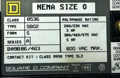 Square D 8536SBO2V02S 600 V AC 18 A Full Voltage Starter w/ 110/120 V AC Coil