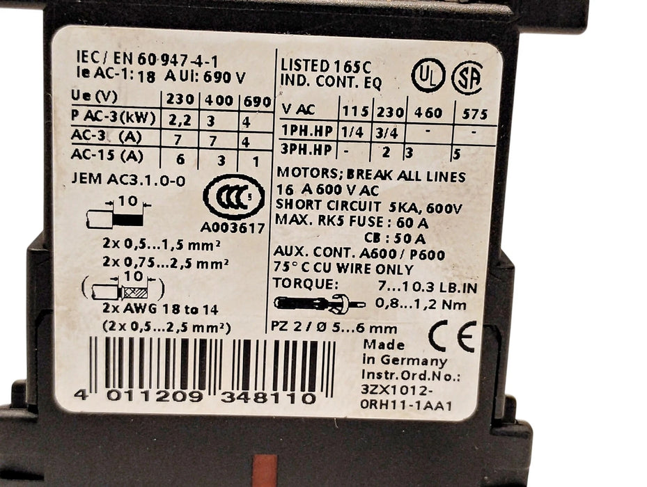 Siemens 3RT1015-1AK61 400 V AC 7 A IEC Contactor w/ 110/120 V AC Coil