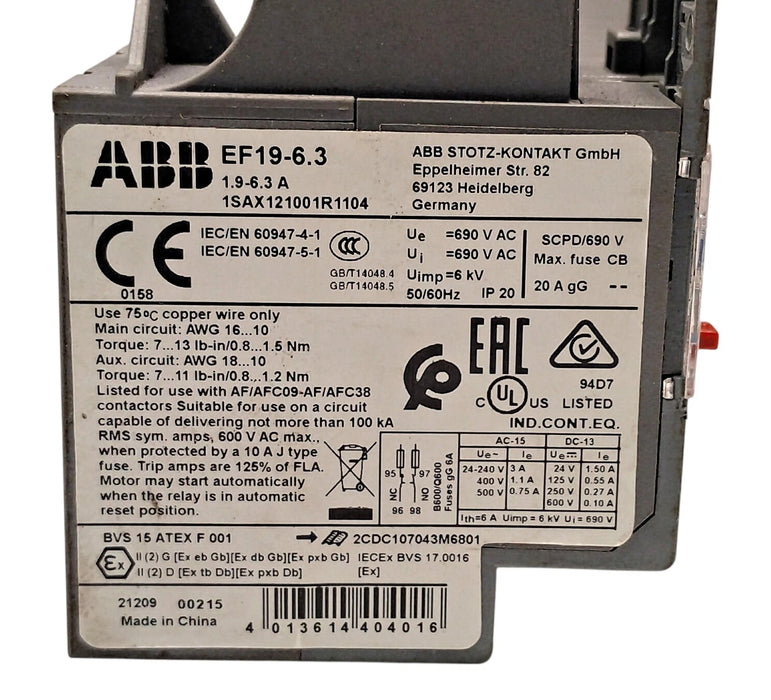 ABB EF19-6.3 690 V 1.9-6.3 A Electronic Overload Relay