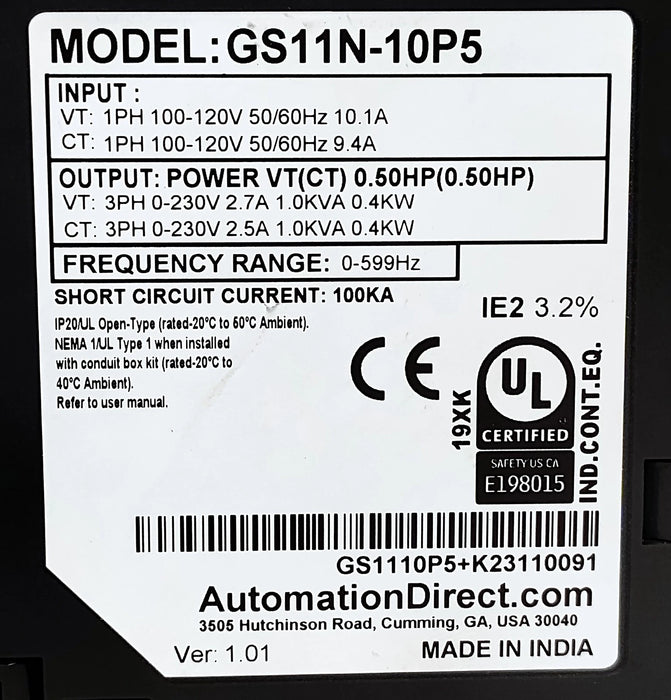 AutomationDirect GS11N-10P5 DURAPulse GS10 Series 0.5 HP AC Micro Drive