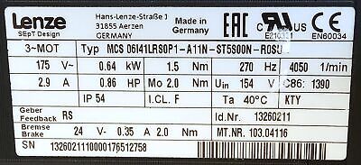 Lenze Americas MCS 06I41LRS0P1-A11N-ST5S00N-R0SU 0.64KW 2.9A 0.86HP Servo Motor