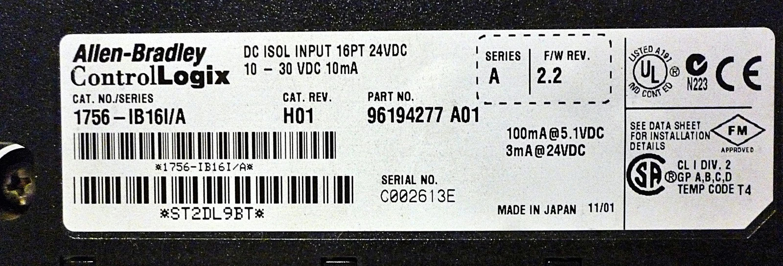 Allen-Bradley 1756-IB16I Ser A Rev H01 F/W Rev 2.2 24 VDC PLC Input Module