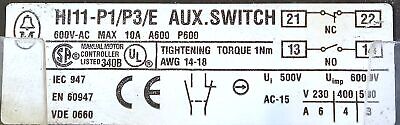 Moeller P3-63 600 V AC Manual Motor Controller w/ HI11-P1/P3/E Auxilliary Switch