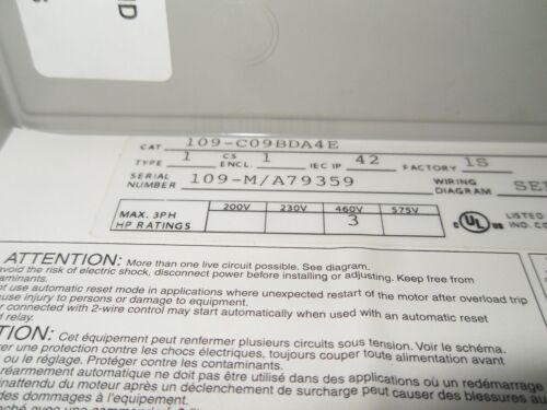1 Allen-Bradley 109-C09BDA4E PUMP STARTER