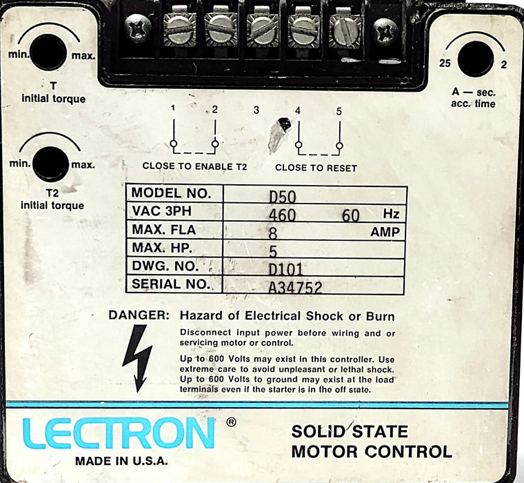 Lectron D50 460 V AC 8 A 5 hp 3 Phase Solid State Motor Control