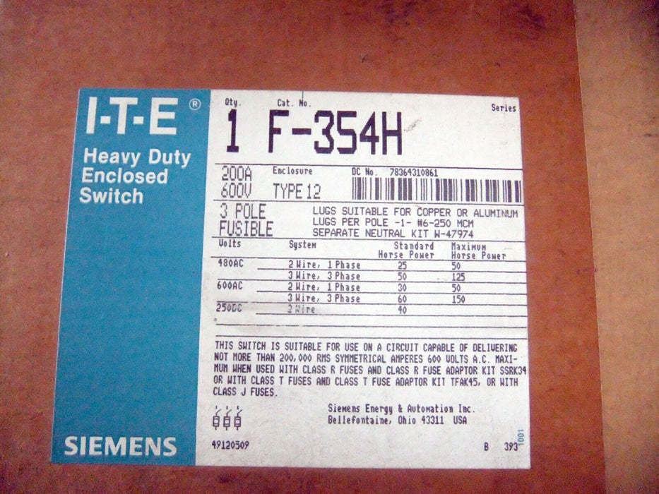 Siemens ITE Disconnect F-354H 200A