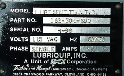 LUBRIQUIP 162-300-690 LUBE SENT II J.I.C Centralized Lubrication System