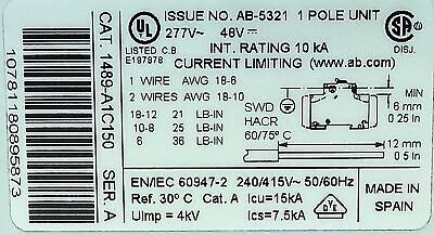 Allen-Bradley 1489-A1C150 277VAC/48VDC AC 15 A Current-Limiting Circuit Breaker