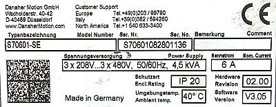 Danaher S70601-SE Digital Servo Amplifier