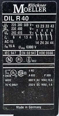 Klockner Moeller DILR-40 220-240 V 15 A Auxiliary Contactor with 110/120 V Coil
