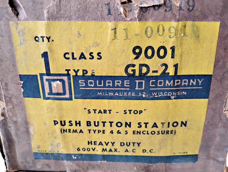 Square D 9001-GD-21 600 V NEMA 4/5 Heavy Duty Start/Stop Push Button Station