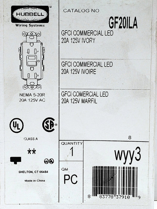 Hubbell GF20ILA 125 V AC 20 A Commercial Grade GFCI Outlet w/ LED