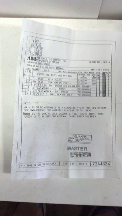 ABB 72A4824G02 OIL VALVE KIT