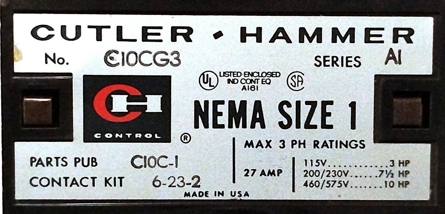 Cutler-Hammer C10CG3 600 V AC 27 A NEMA Size 1 10 HP Contactor w/ 110/120 V Coil