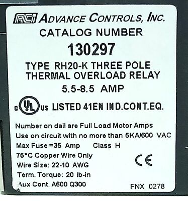 ACI 130297 600 V AC 5.5-8.5 A Adjustable Overload Protection Relay