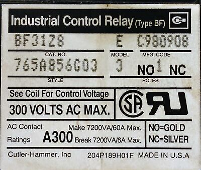 Ingersoll Rand / Cutler-Hammer 39118211 / BF31Z8 BF Relay