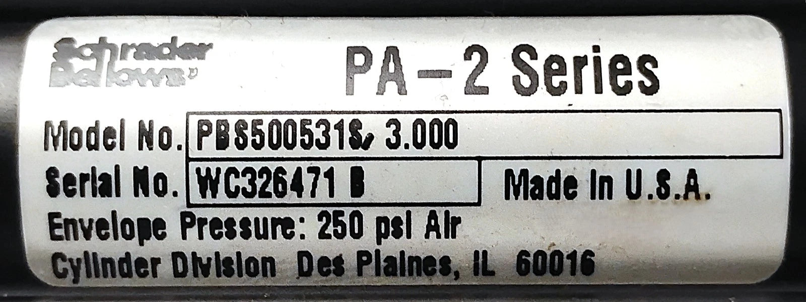 Schrader Bellows PBS500531S-3.000 PA-2 Series Pneumatic Cylinder