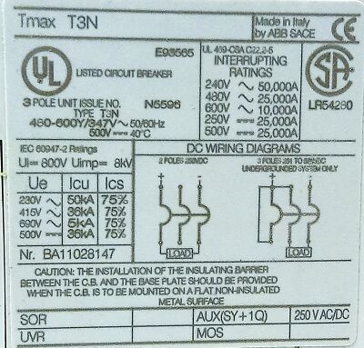 ABB T3N175 SACE TMAX 175 A 3 Pole AC Circuit Breaker