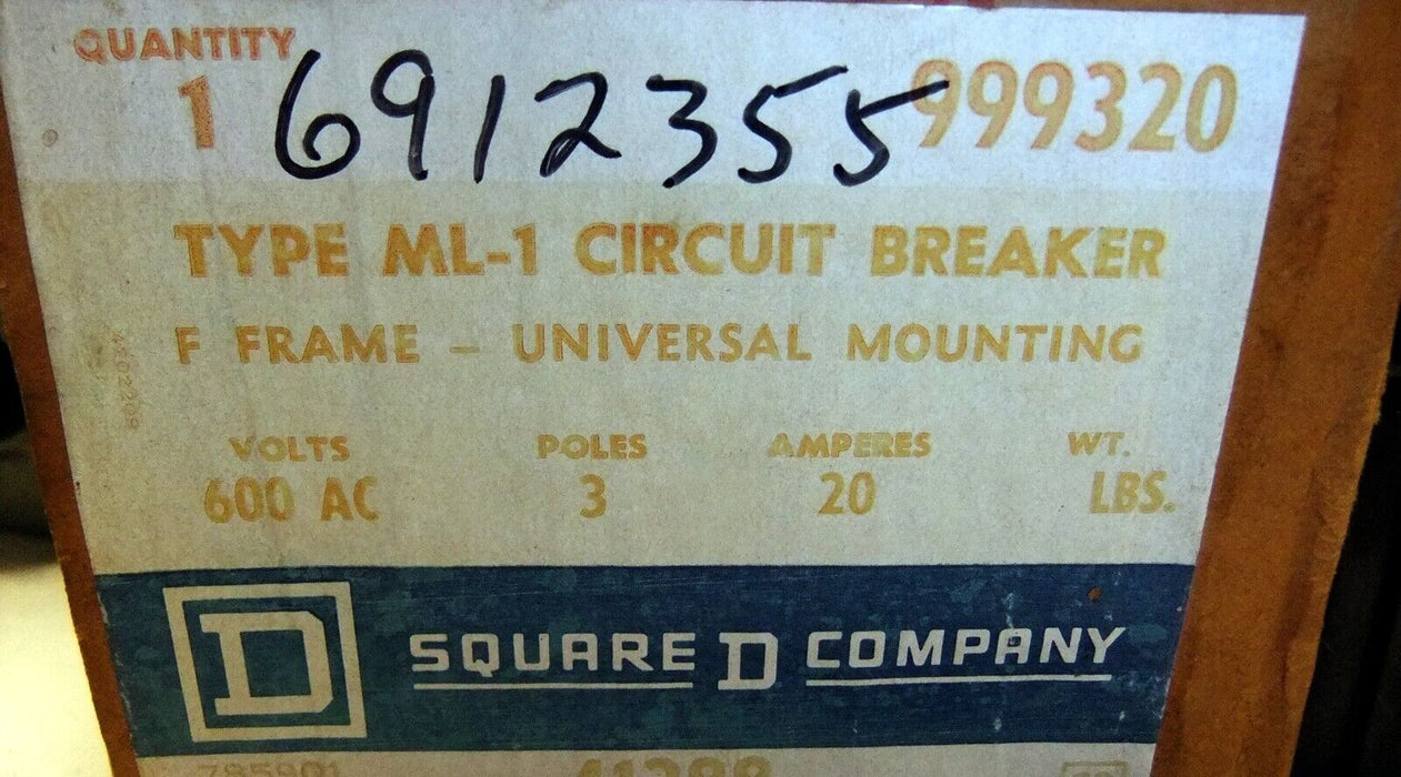 Square D Circuit Breaker 20A 3P 600 VAC 999320