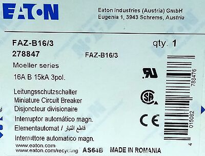 Eaton FAZ-B16/3 277VAC/125VDC 16 A 3 Pole Miniature Supplementary Protector