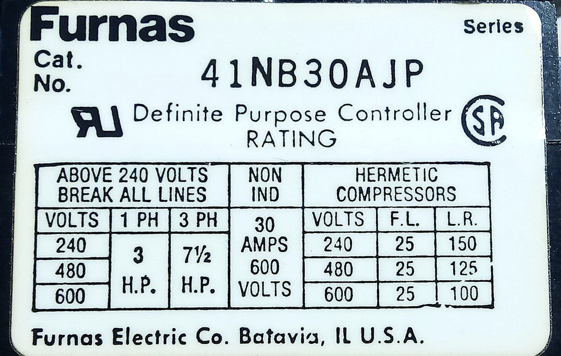 Furnas 41NB30AJP 600 V AC 30 A Definite Purpose Contactor w/ 24 V AC Coil